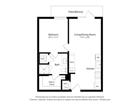 Floor plan for 1 bed, 1 bath, 598 sqft